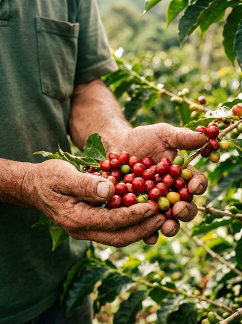 Coffee farmer's hands holding red coffee cherries